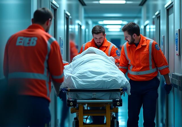 Emergency medical technicians moving a patient