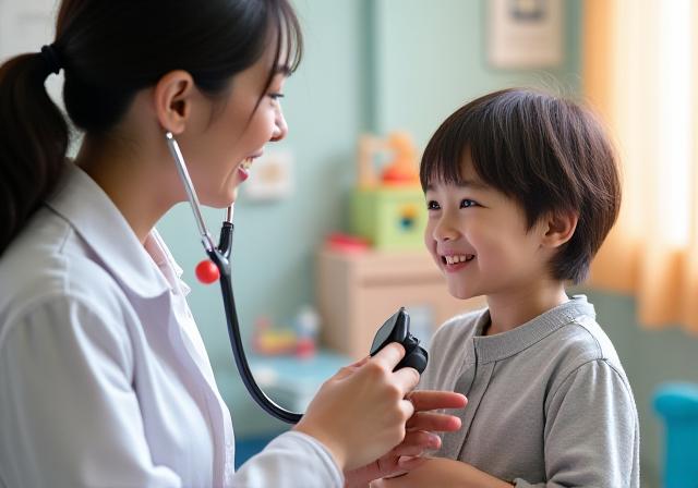 Pediatrician examining a child with care